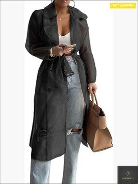 Sheer Mesh Trench Coat Longline Elegant Notch Collar Lightweight Belted Chic